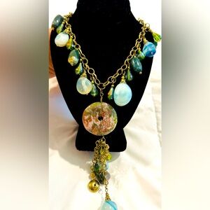 Elegant Green and Blue Stone & Glass Beaded Necklace with Dangling Pendants